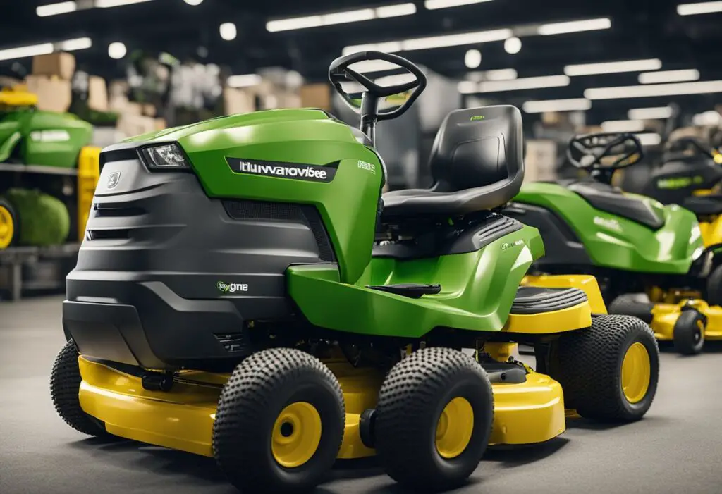 Two lawnmower brands, Husqvarna and John Deere, displayed side by side with price tags and cost comparison charts
