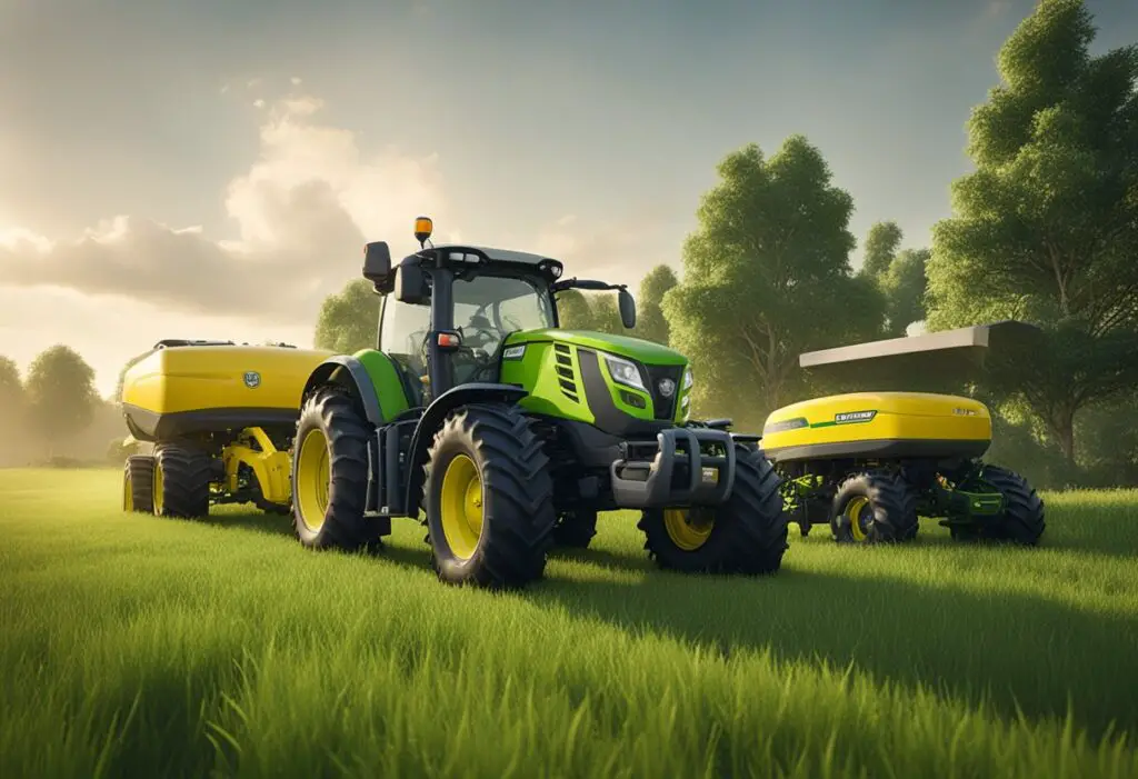 A Husqvarna and John Deere tractor sit side by side in a lush green field, emitting contrasting levels of noise and exhaust, highlighting their environmental impact