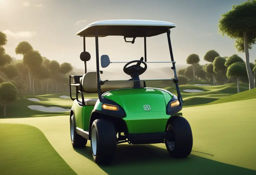 A Bintelli golf cart smoothly navigates a lush green golf course, demonstrating its performance and reliability