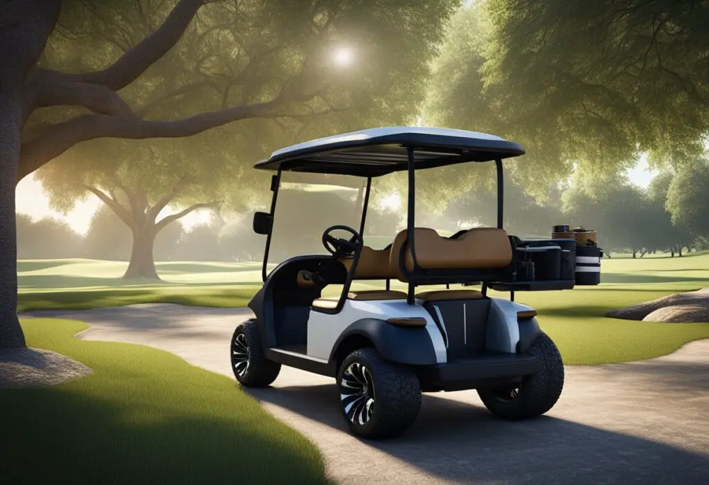A Bintelli golf cart parked under a shady tree with a cooler and golf bags nearby, showcasing comfort and convenience