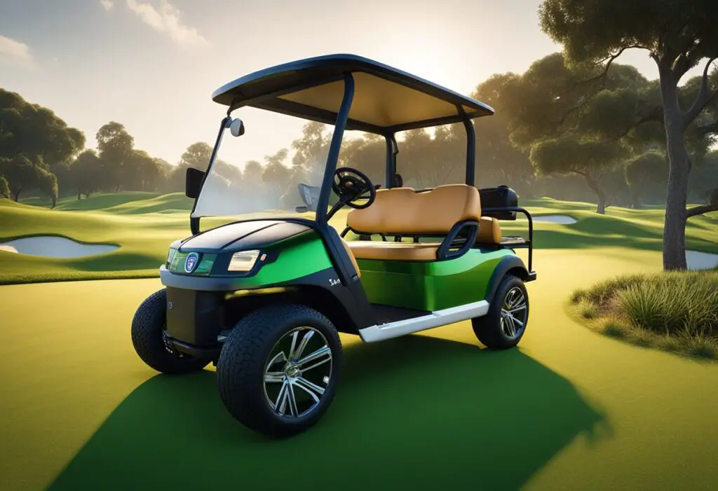 A bintelli golf cart with custom accessories, such as a sleek roof rack and stylish decals, is parked on a lush green golf course
