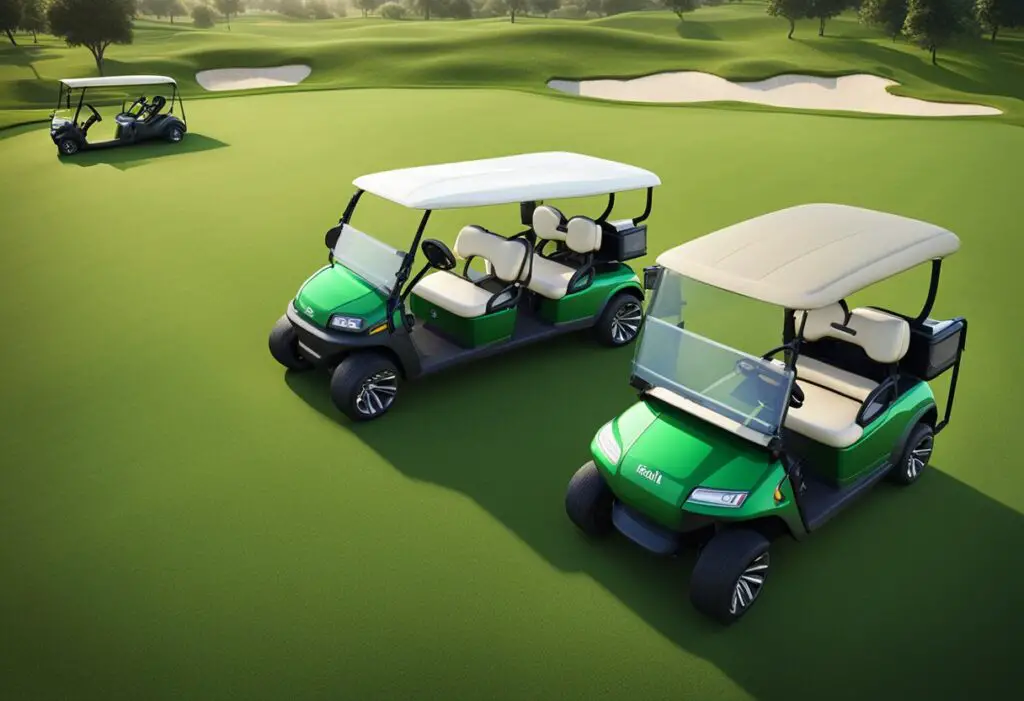 Two golf carts, one labeled "Bintelli" and the other "Evolution," face off on a lush green golf course, ready for a race