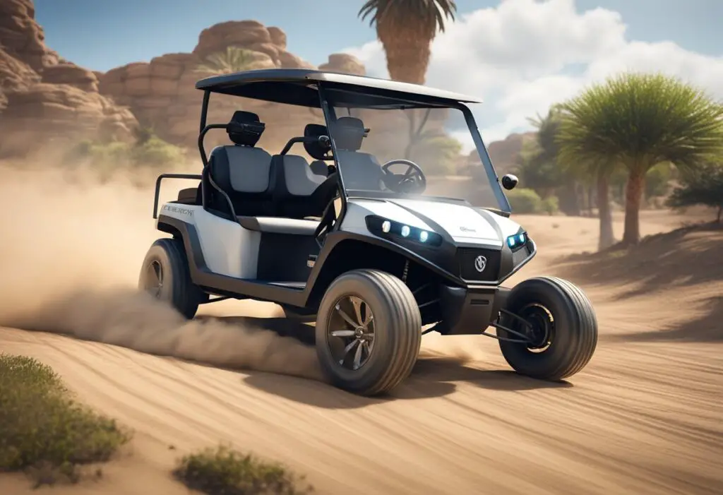 Two golf carts, Bintelli and Evolution, race side by side with intense speed and power, kicking up dust and leaving a trail of excitement in their wake