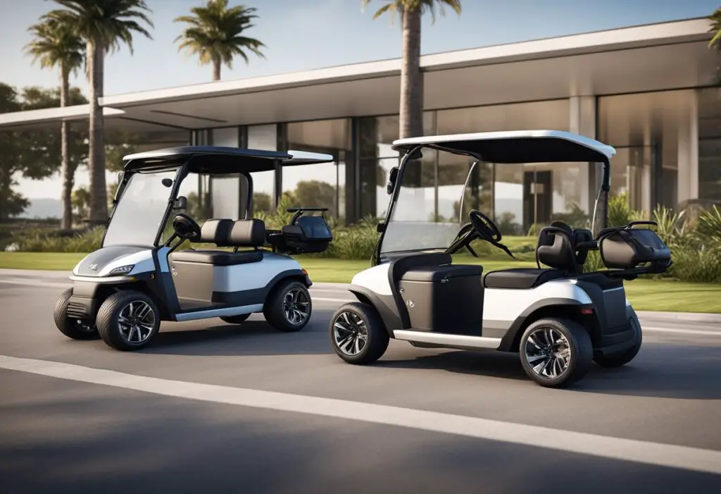 Two golf carts, one Bintelli and one Evolution, side by side with various models and options displayed