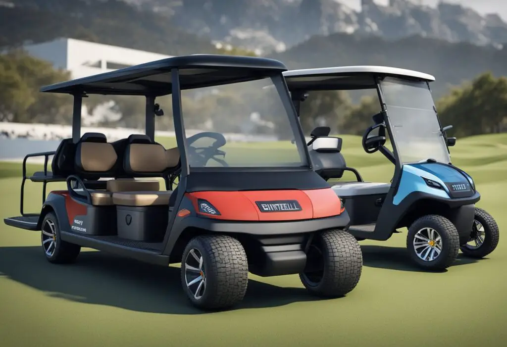 Two golf carts, one labeled "Bintelli" and the other "Evolution," are parked side by side. The Bintelli cart is sleek and modern, while the Evolution cart has a more rugged and traditional design