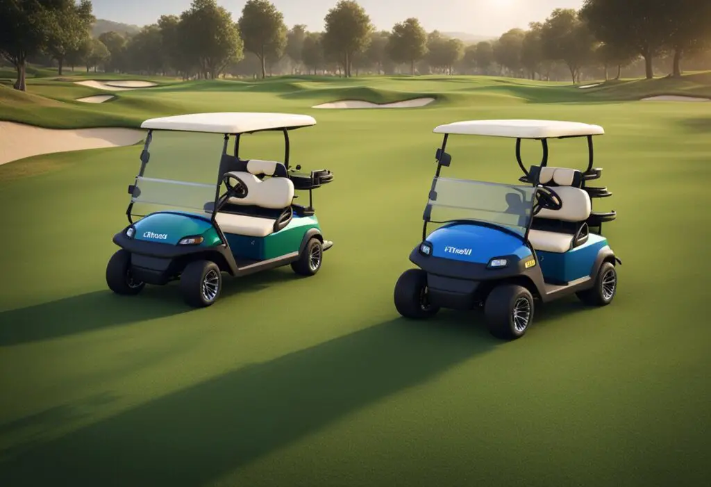 Two golf carts, one labeled "Bintelli" and the other "Icon," facing each other on a grassy golf course, ready for a race