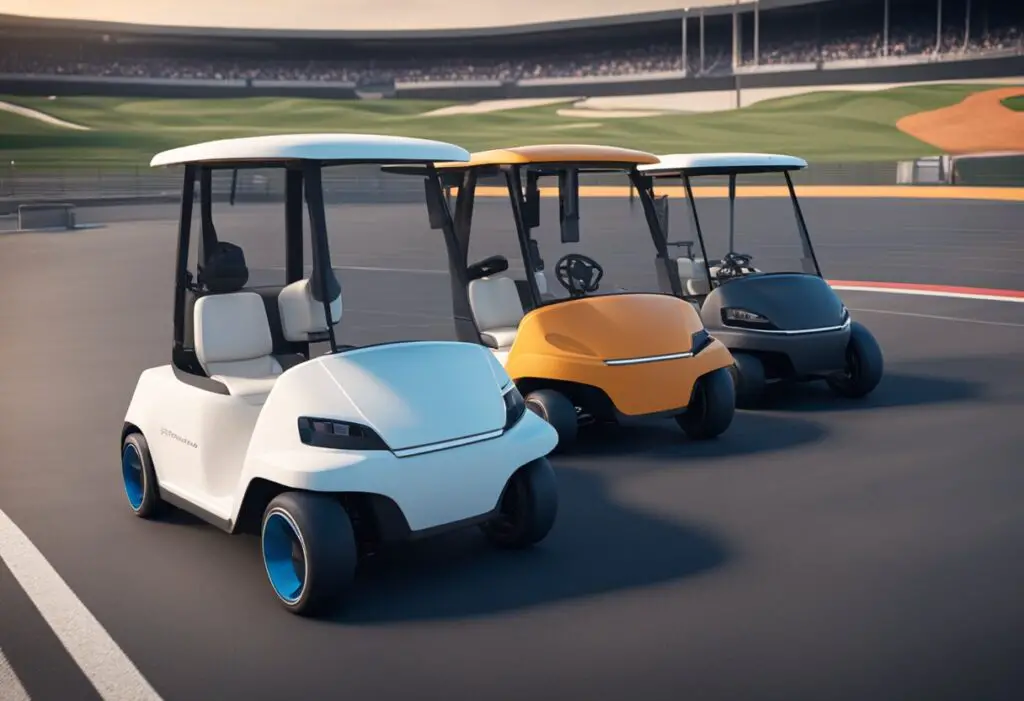 Two golf carts, Bintelli and Icon, race on a futuristic track, showcasing their performance and technology