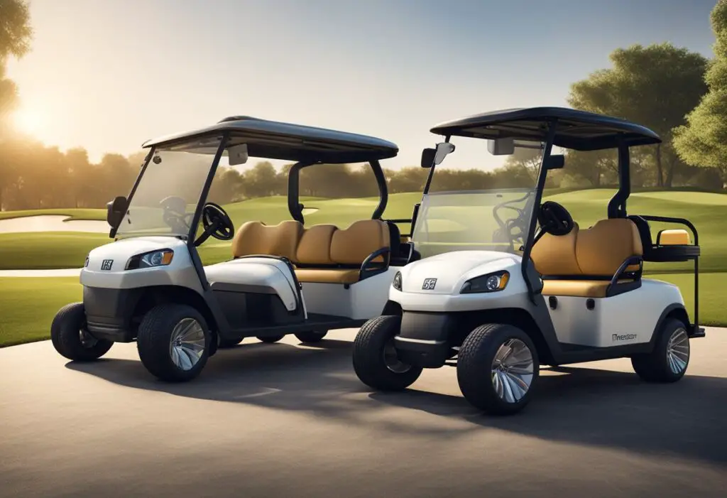 Two golf carts, one labeled "Bintelli" and the other "Icon," parked side by side in a spacious outdoor setting. Clear signage and branding visible