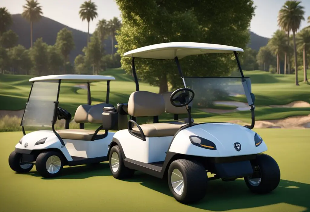 Two golf carts, one labeled "Bintelli" and the other "Icon," parked side by side in a well-maintained golf course