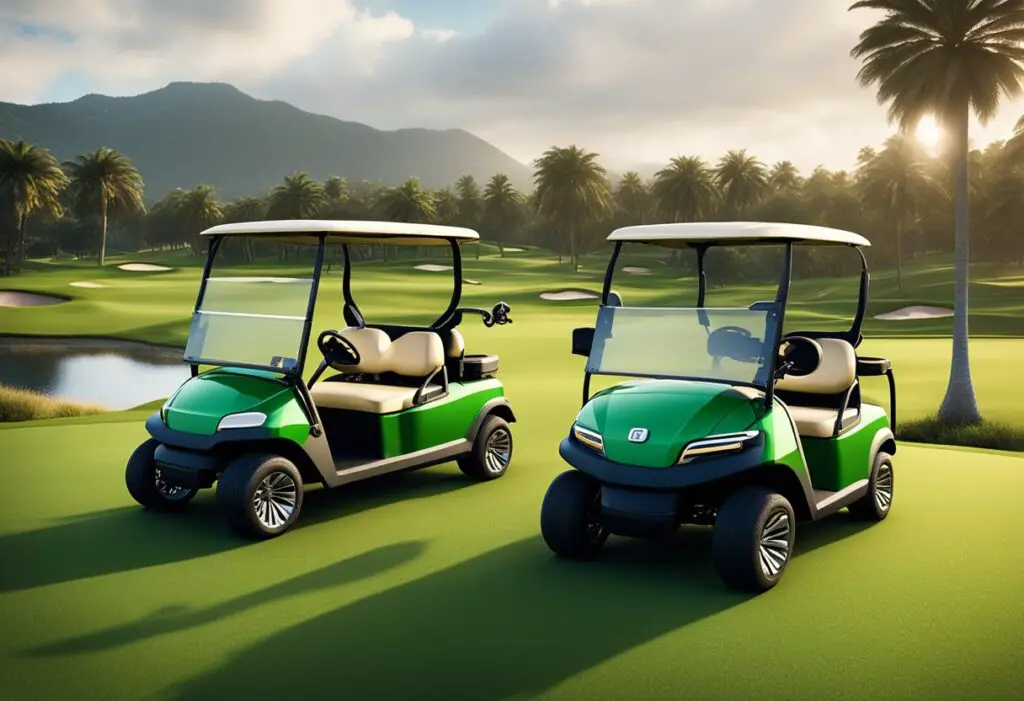 Two golf carts, one Bintelli and one Icon, sit side by side in a lush green golf course. The Bintelli cart emits no emissions, while the Icon cart releases a cloud of exhaust