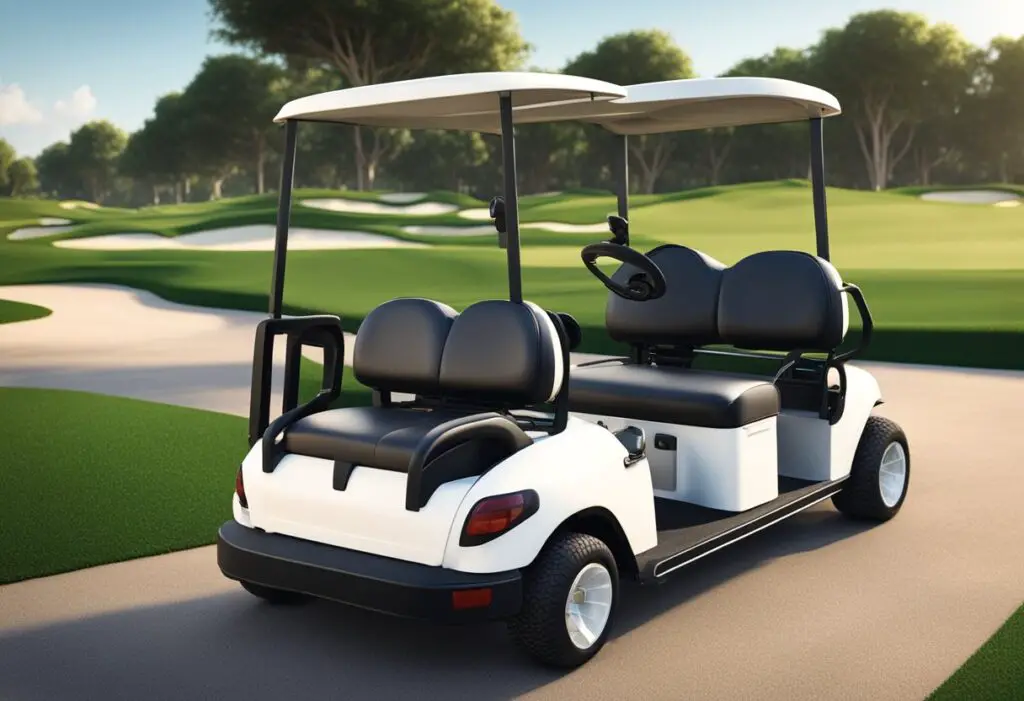 Two golf carts, Bintelli and Club Car, racing side by side on a green, manicured golf course