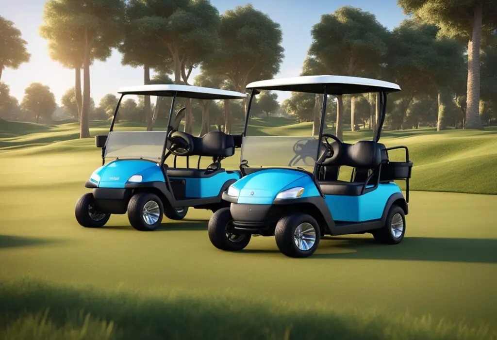 Two golf carts, one Bintelli and one Club Car, parked side by side on a grassy field with a clear blue sky in the background
