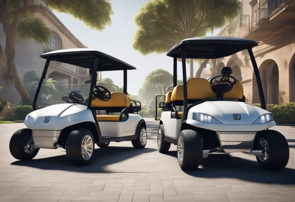 A person weighing options between Bintelli and Club Car golf carts, with both models displayed side by side