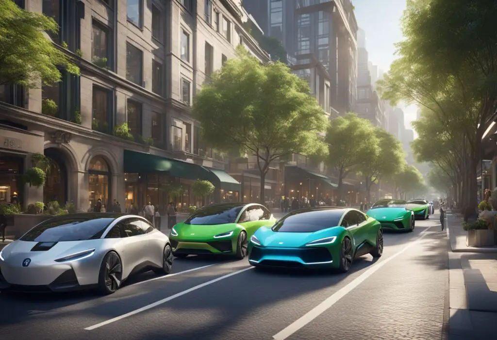A bustling city street with electric bintelli and club car vehicles, surrounded by green, eco-friendly infrastructure and innovative technology
