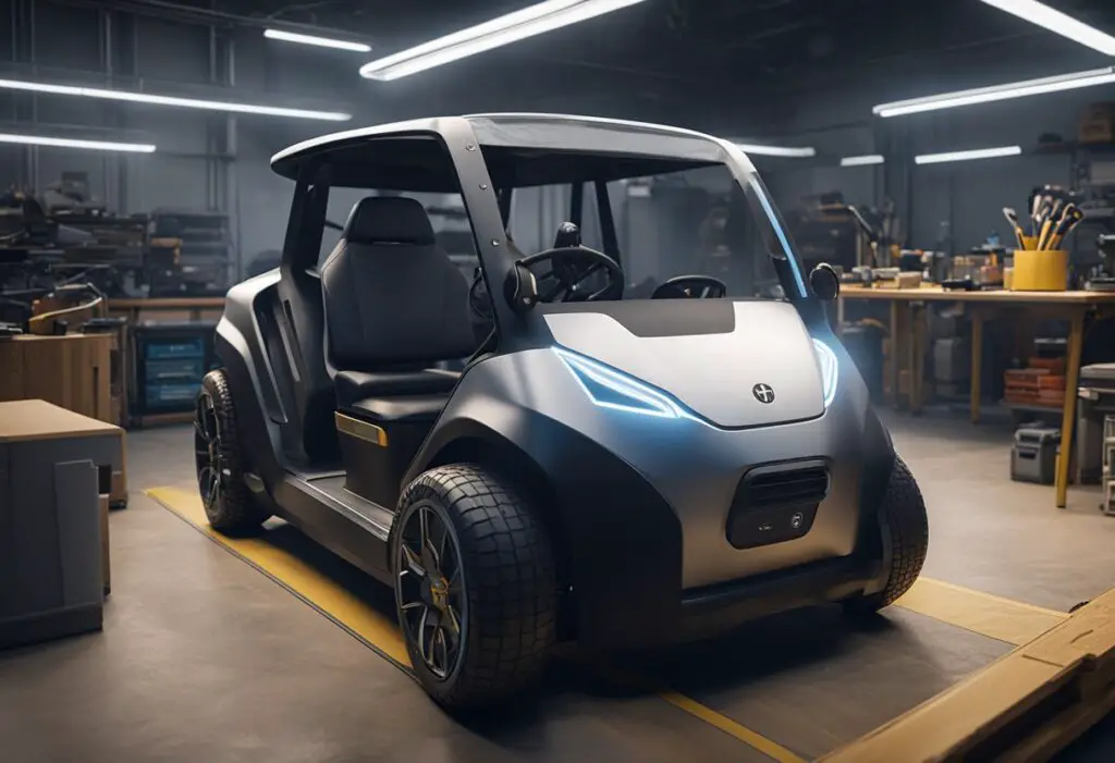 An advanced EV golf cart sits in a workshop, surrounded by tools and diagnostic equipment. The hood is open, revealing the inner workings of the vehicle