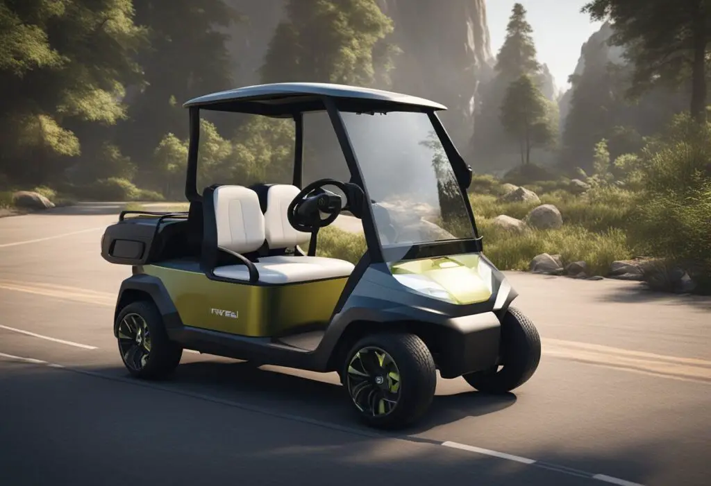 The advanced EV golf cart shows signs of safety and performance issues. The battery indicator flashes red, and the cart struggles to climb a small hill