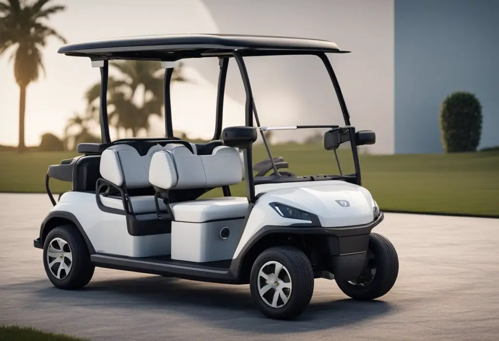 An advanced EV golf cart with customization options, surrounded by legal documents and considerations