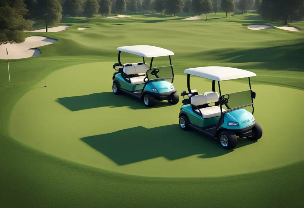 Two golf carts, a Club Car and an EZGO, racing side by side on a green golf course
