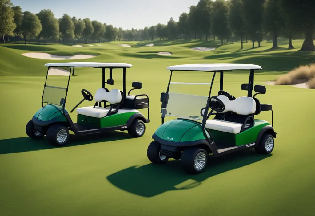 Two golf carts, club car and ezgo, in a race on a lush green golf course. The club car zooms ahead with its sleek design, while the ezgo struggles to keep up