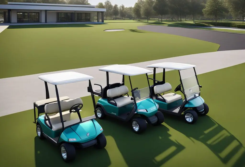 Two golf carts, one Club Car and one EZGO, parked side by side in a golf course parking lot. The Club Car has a sleek, modern design while the EZGO has a more traditional look