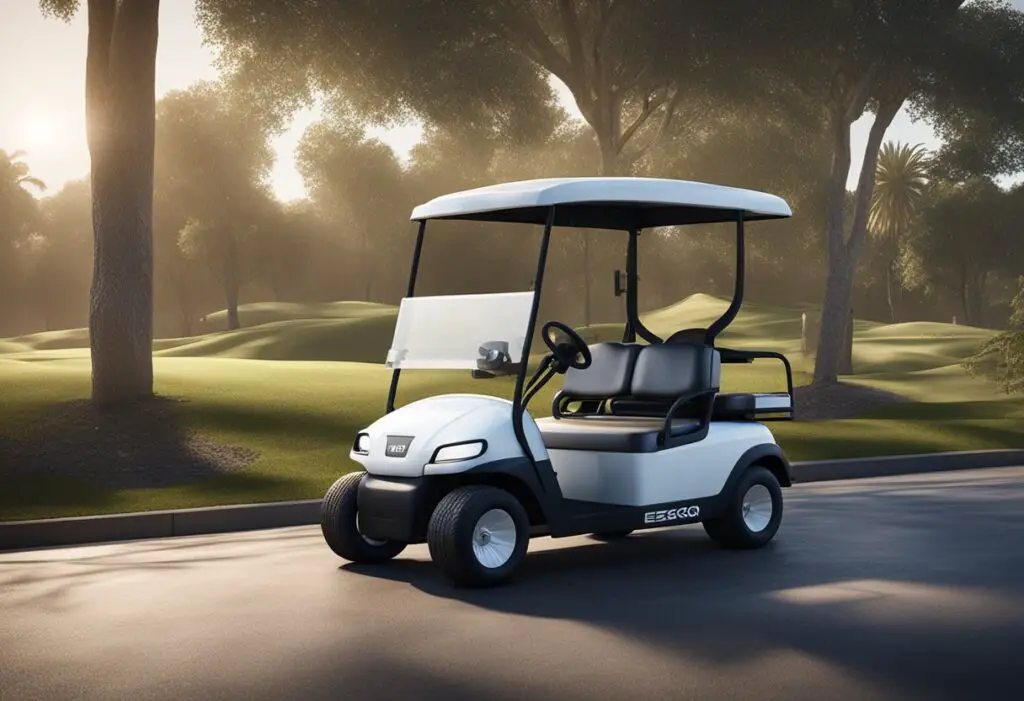 A Club Car and an EZGO golf cart sit side by side, exposed to the elements. The sun beats down on them, while wind and rain test their durability