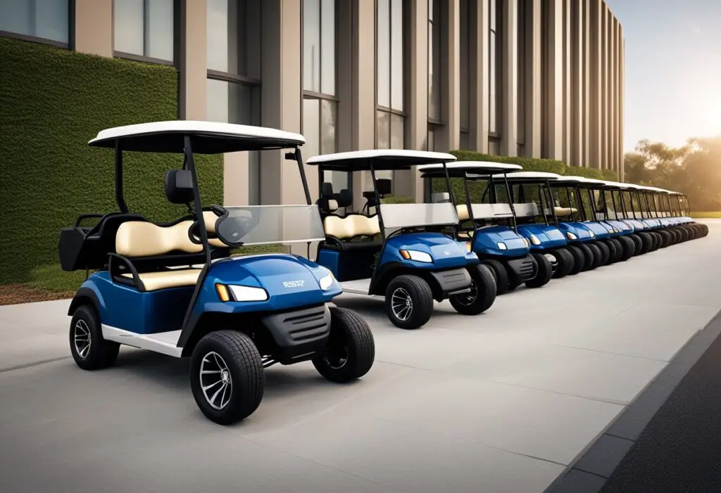 A row of evolution golf carts lined up with a sign reading "Frequently Asked Questions" displayed prominently