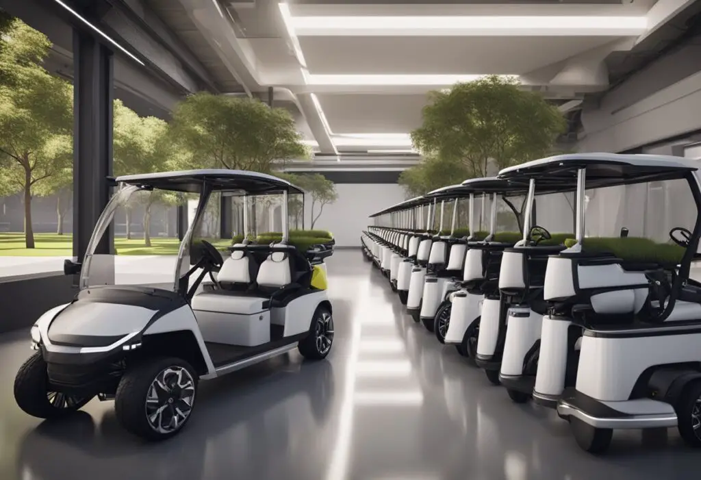 Evolution Golf Carts: A sleek, modern factory with robotic assembly lines producing state-of-the-art golf carts