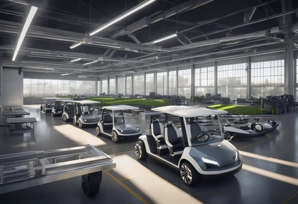 A sleek, modern factory with state-of-the-art machinery and assembly lines producing Evolution golf carts