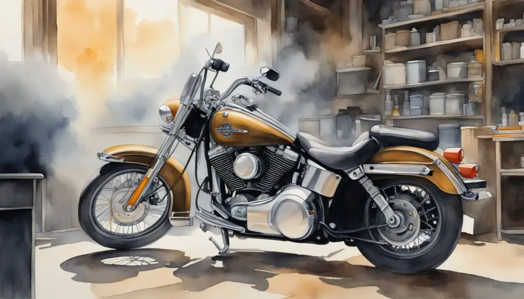 A Harley Davidson motorcycle sits in a garage, smoke billowing from its engine as it struggles to start. A mechanic hovers nearby, examining the hot start problem