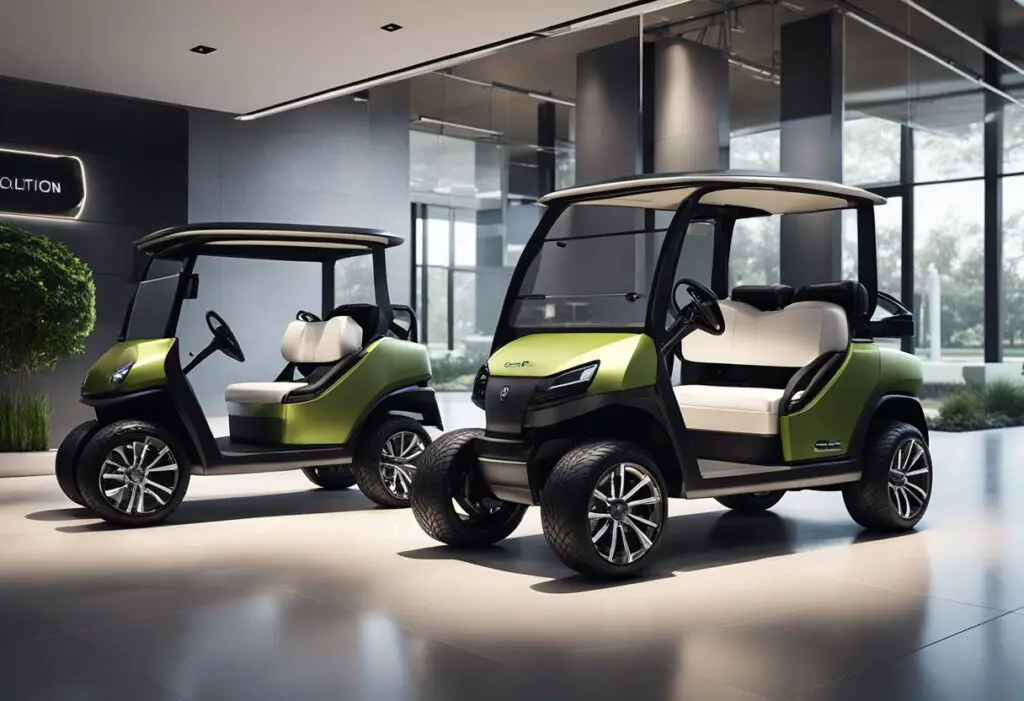 A sleek, modern golf cart is displayed in a showroom, surrounded by high-tech gadgets and equipment. The logo of Evolution Golf Carts is prominently featured on the vehicle