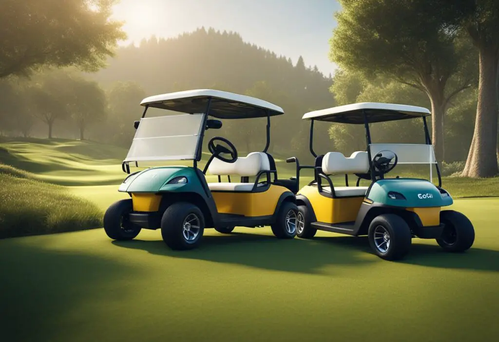 Two golf carts race side by side, one labeled "Evolution" and the other "EZGO." They speed along a lush green golf course, leaving a trail of dust in their wake