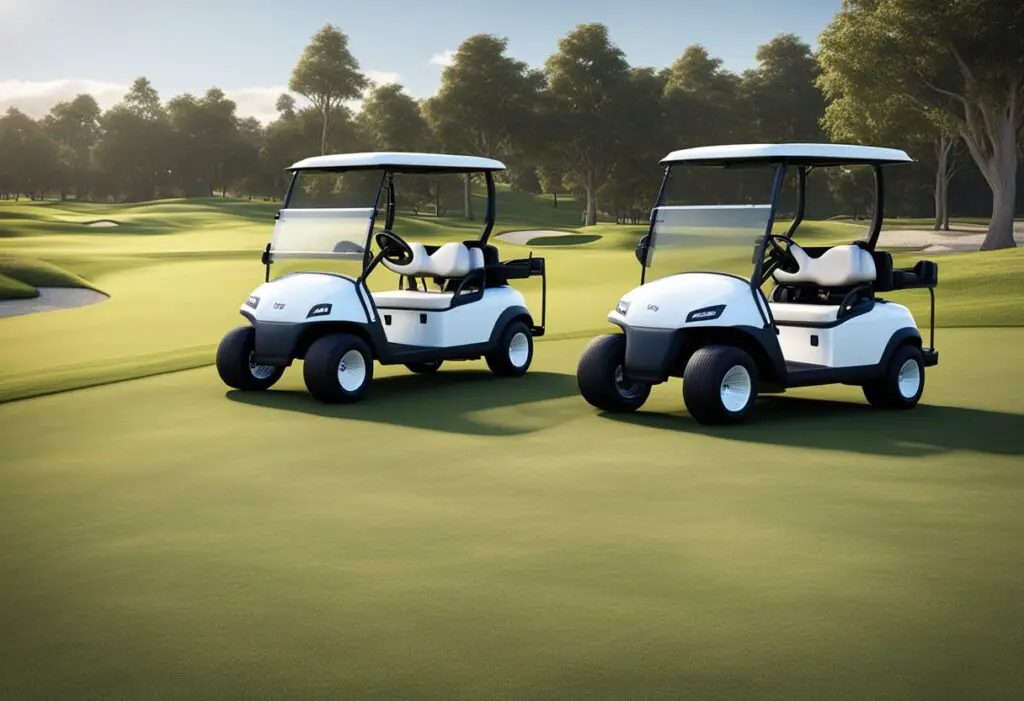 Two golf carts, one labeled "Evolution" and the other "EZGO," are parked side by side on a grassy golf course. The Evolution cart appears sleek and modern, while the EZGO cart looks more traditional