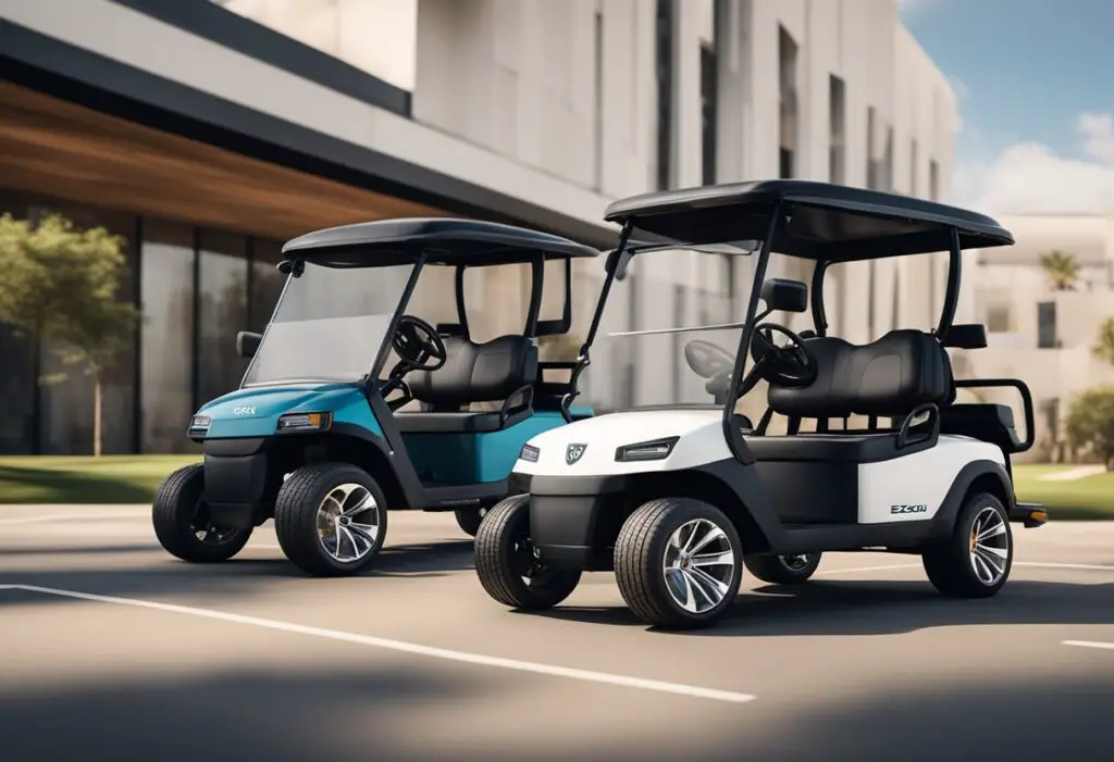 Two golf carts side by side, one labeled "Performance and Specifications Evolution" and the other "EZGO." The Evolution cart appears sleeker and more modern, while the EZGO cart looks more traditional