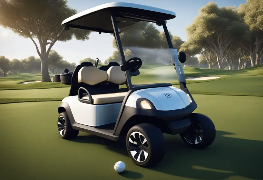 Two golf carts, one modern and sleek, the other older and worn, sit side by side on a grassy golf course. The modern cart is equipped with advanced technology, while the older cart shows signs of wear and tear
