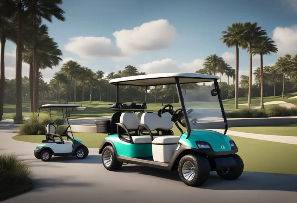 A group of golf carts, including Evolution and EZGO models, are being compared and analyzed by researchers for consumer insights
