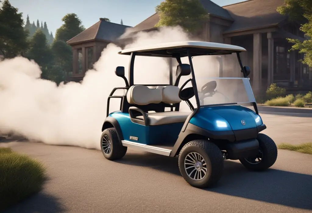 A golf cart sits idle, with smoke billowing from its engine. Tools and parts are scattered around as a mechanic works to fix the issues