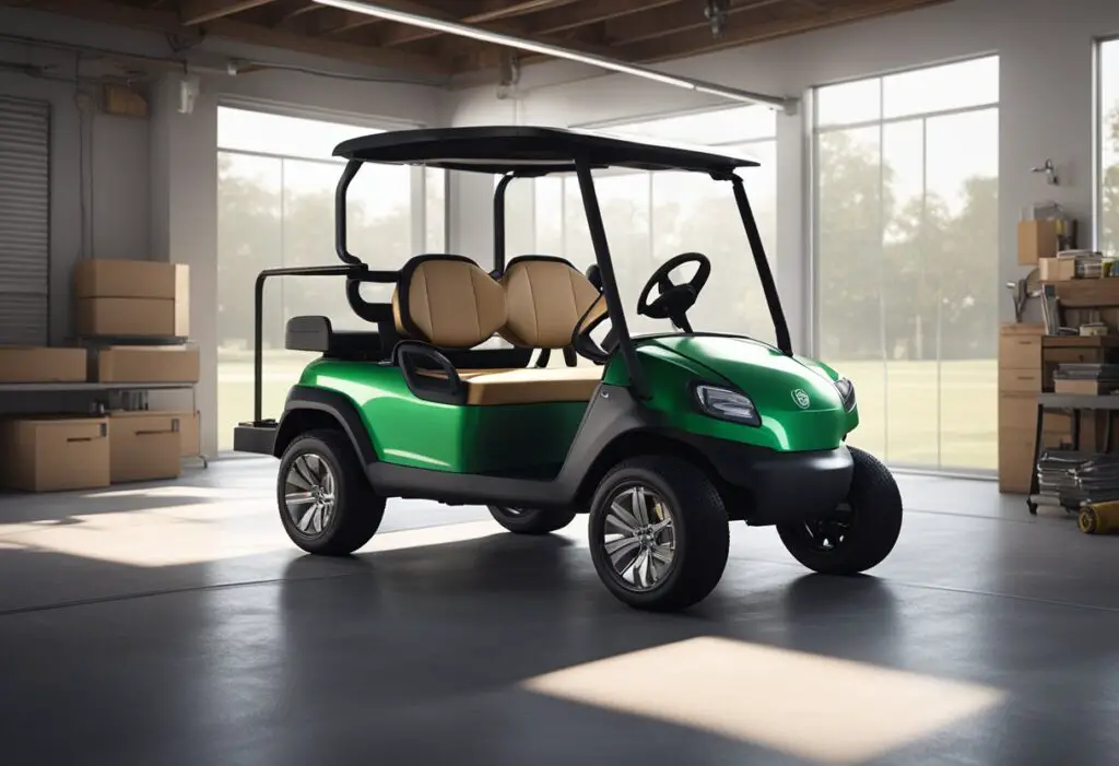 A golf cart parked in a clean, well-lit garage with a battery charger connected to it, showing proper care and maintenance to avoid problems