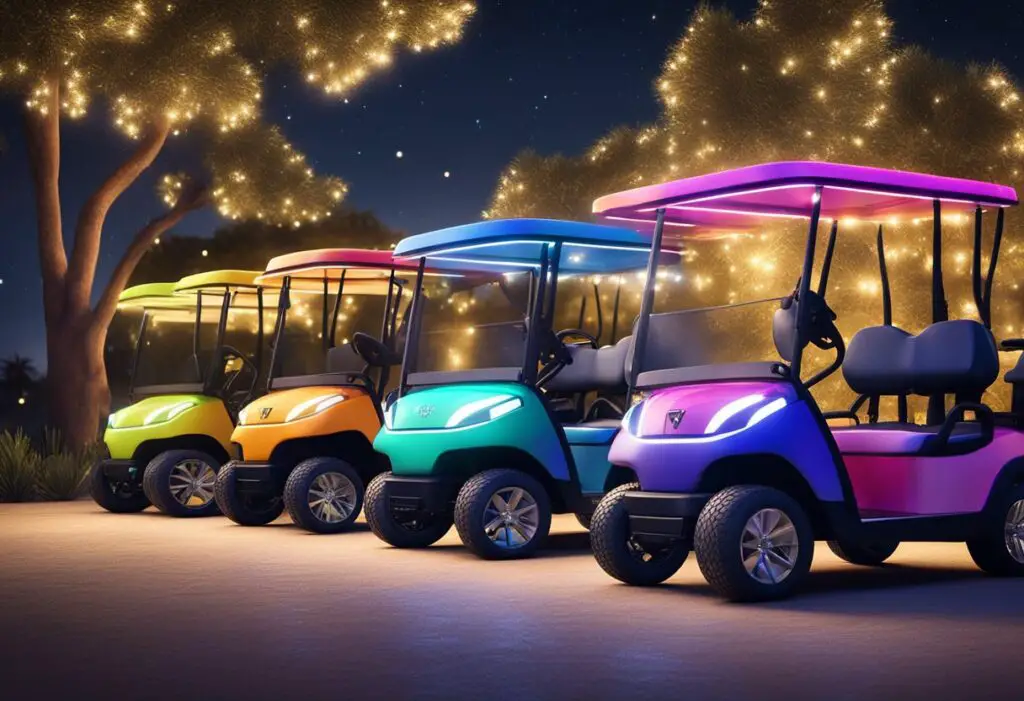 A row of colorful golf carts parked under the starry night sky, with twinkling lights illuminating the area