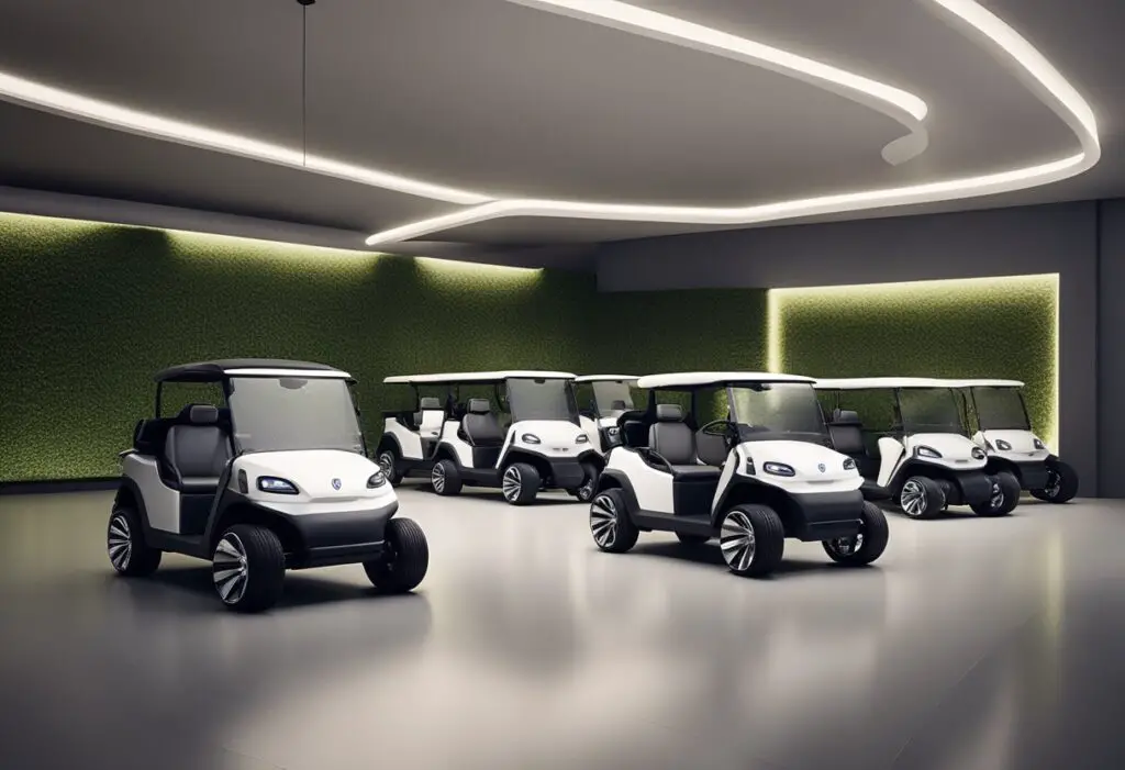 A row of sleek, modern golf carts lined up in a spacious, well-lit showroom, with detailed specifications displayed prominently