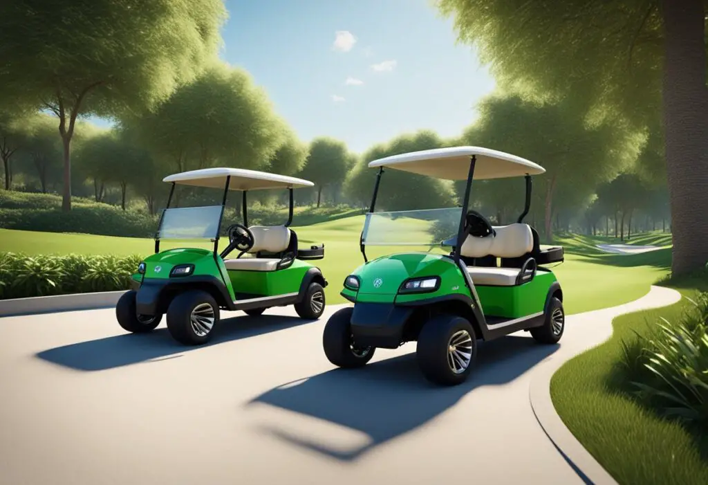 Golf carts cruising on a lush green course, with a clear blue sky and gentle breeze. The carts are sleek and modern, gliding effortlessly along the manicured paths