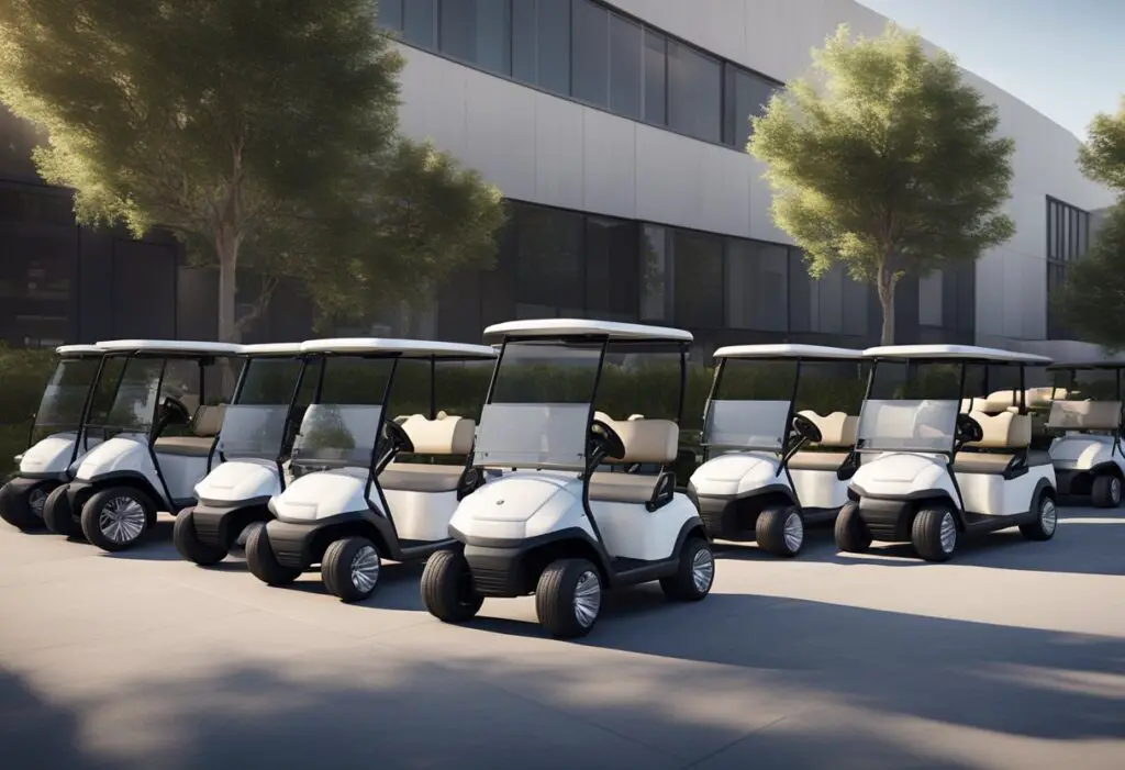 A line of sleek golf carts parked outside a customer service center, with a team of workers inspecting and reviewing each one