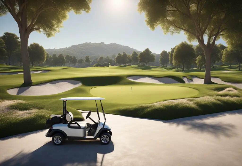 A bright, sunny day on a manicured golf course. A sleek, modern golf cart sits parked near the 18th hole, with a satisfied golfer walking away in the distance