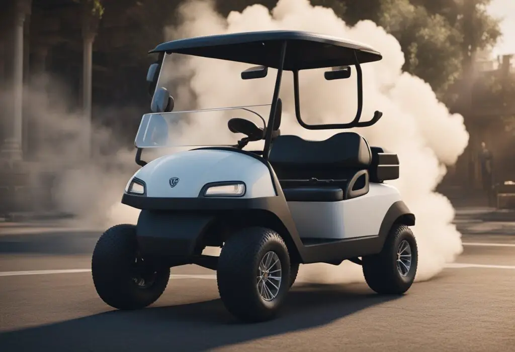 The golf cart sits idle, its engine sputtering and emitting puffs of smoke. A mechanic hovers over it, inspecting the faulty engine with furrowed brows
