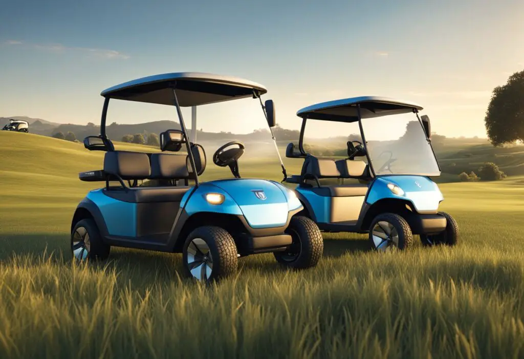 A Star EV and an EZ Go golf cart parked side by side in a grassy field, with a clear blue sky in the background