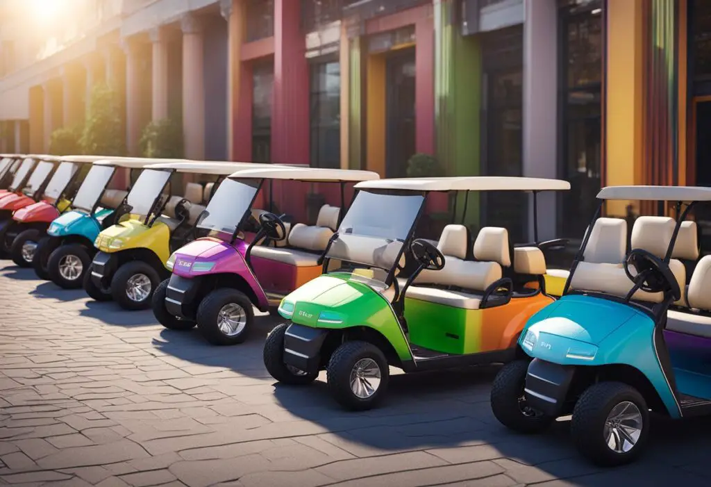 A row of colorful golf carts parked neatly in a line, each with a sleek design and modern features. The sun shines down on the scene, highlighting the vibrant colors and polished exteriors