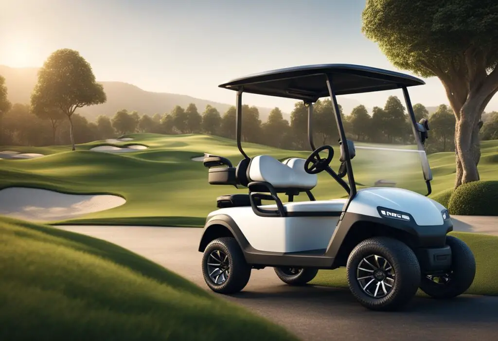 A sleek, modern golf cart with advanced features like GPS, Bluetooth speakers, and a built-in cooler. The cart is set against a backdrop of a well-manicured golf course with rolling hills and lush greenery