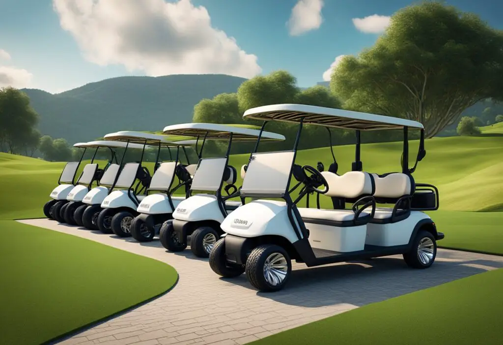 A row of sleek, modern golf carts lined up in front of a backdrop of lush green fairways and rolling hills. Each cart is adorned with stylish design elements and vibrant colors, showcasing the perfect balance of functionality and aesthetics