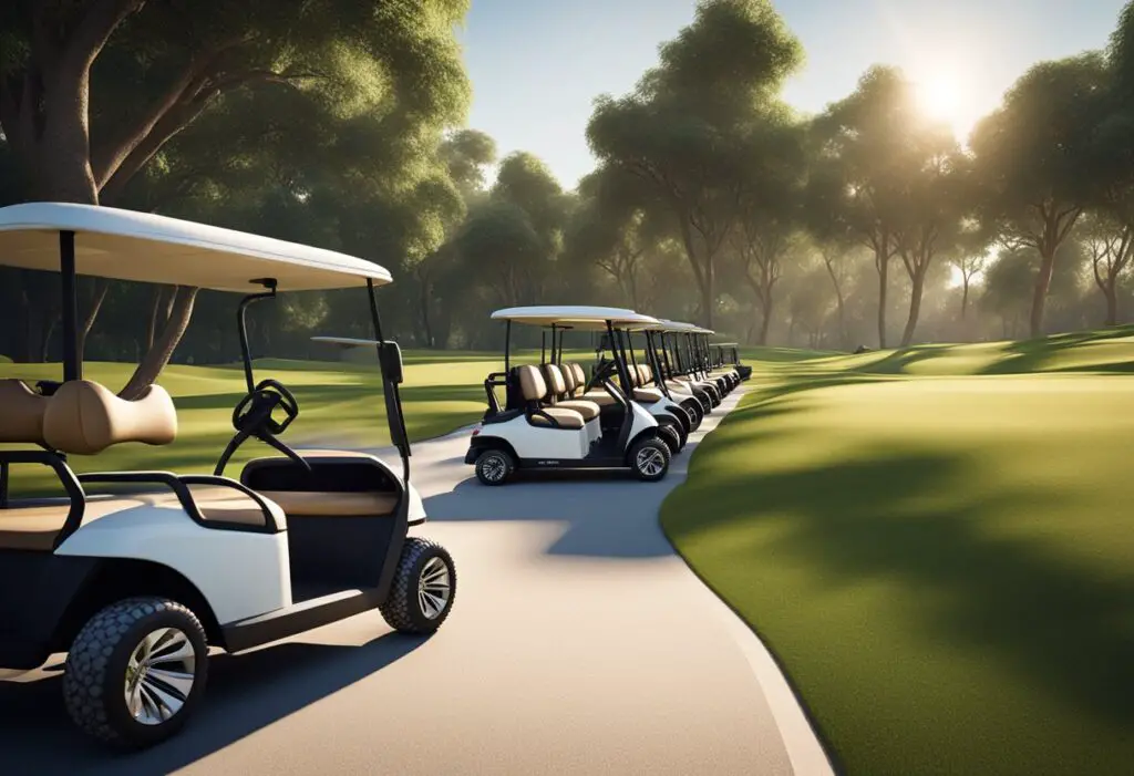 A row of sleek golf carts lined up neatly on a pristine green golf course, with the sun shining brightly overhead and a gentle breeze rustling through the trees