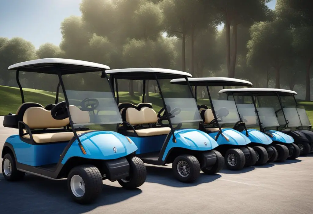 A row of golf carts lined up neatly, each displaying a prominent "Safety and Reliability" icon on their sleek exteriors
