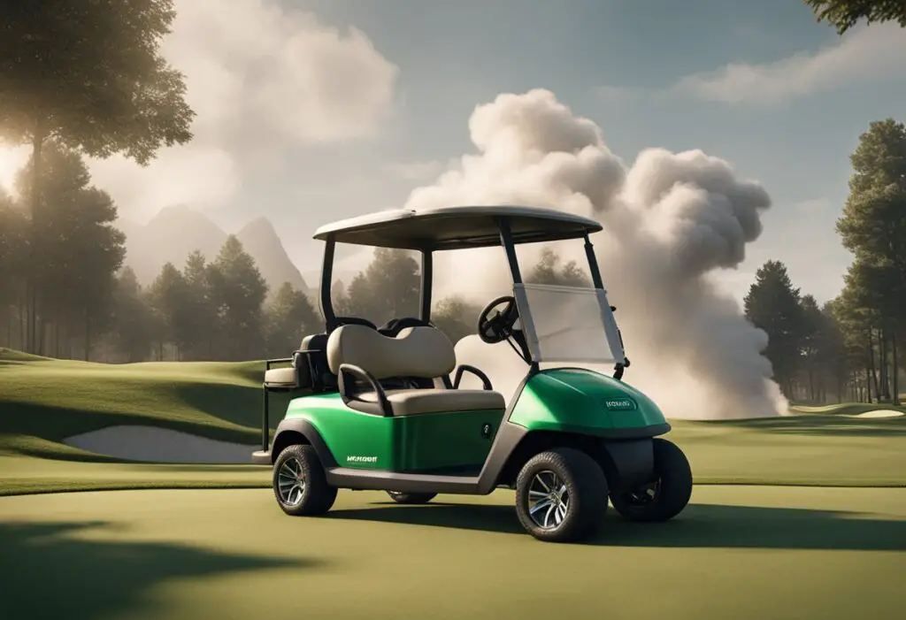 A golf cart sits stalled on a green, with smoke billowing from its engine. Nearby, a frustrated golfer looks on, holding a set of clubs